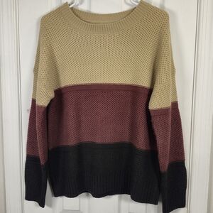 Oversized Waffle Knit Colorblock Sweater Medium Burgundy Tan Black Retro Boho